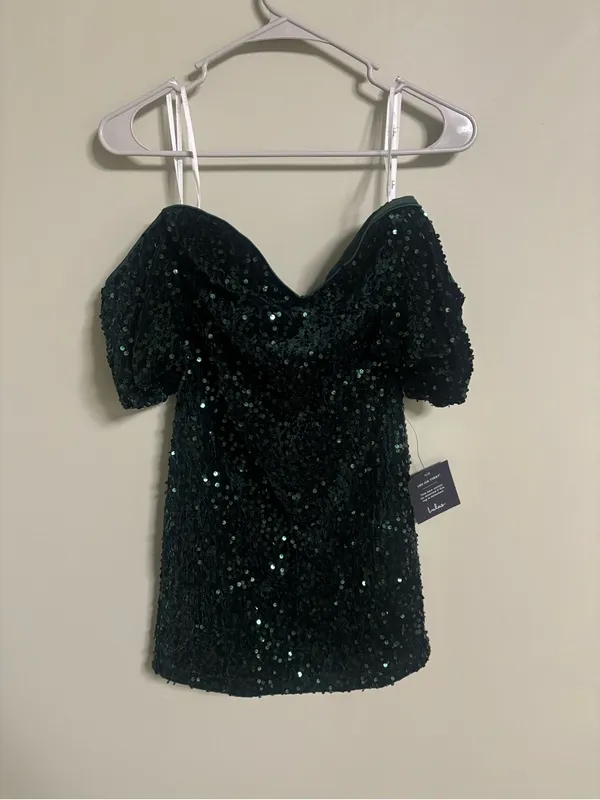 Lulus All Aglitter Emerald Green Sequin Off the Shoulder Mini Dress Size Medium - Image 2