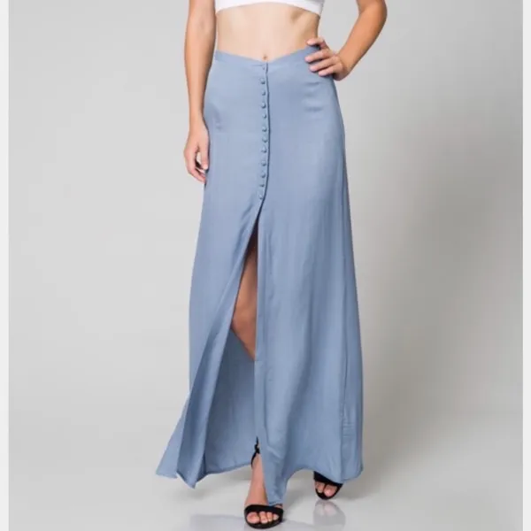 Cute front buttons slit light flowing boho festival Blue Maxi Skirt - Image 4