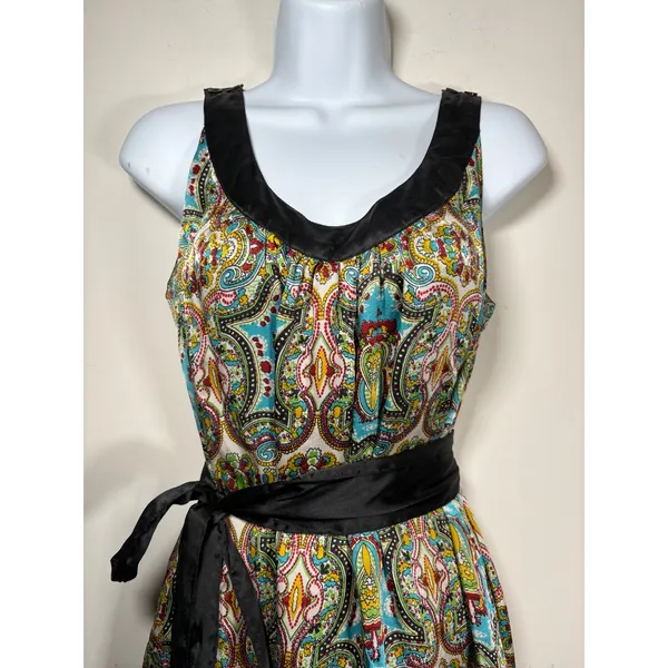 LulaKate Paisley Silk Dress Multicolor Satin Trim Belted Cocktail Boho Size 10 - Image 3