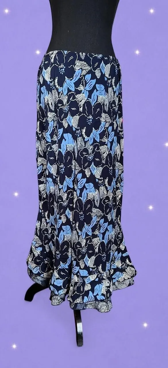 Vintage Y2K White Rice Coastal Boho Blue Floral Ruffle Hem Maxi Skirt Size XL 💙 - Image 2