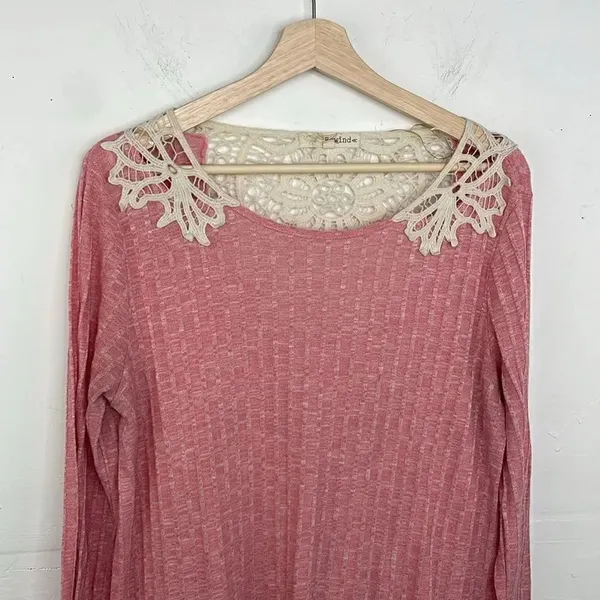 Rewind Boho Pink Crochet Detail Ribbed Long Sleeve top XL cottagecore - Image 3