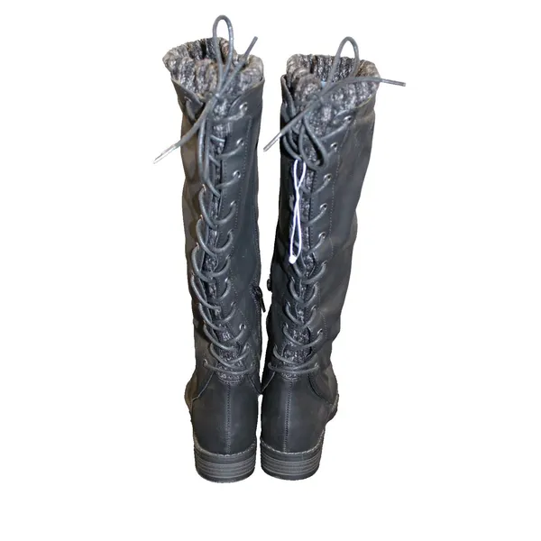 XOXO Black Boots Womens 5.5 M Knee High Sweater Cuff Lace Up Back Side Zip - Image 5