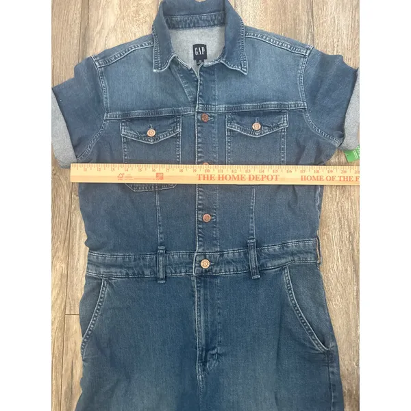 Gap Women Blue Denim Utility Jumpsuit Short Sleeve Button Front Romper Size 10 - Image 6