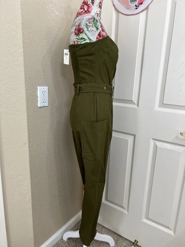 NWT Bar III Strapless Belted Utility Jumpsuit Olive Green Size Small - Image 3