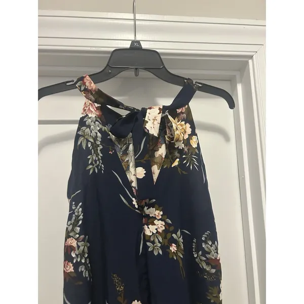 Women Navy Blue Floral Halter Maxi Dress Summer Boho Size 6 Wedding Guest Modest - Image 3