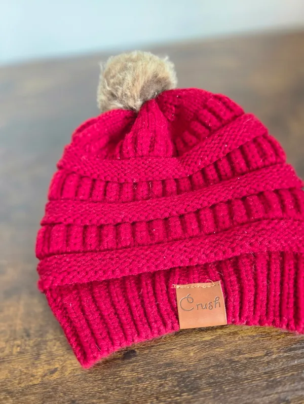 Crush Berry Red Stretchy Knit Beanie Hat Pom Pom Winter Cozy Warm - Image 4