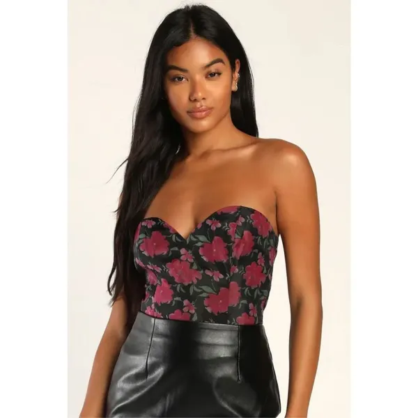Lulus Black Floral Print‎ Organza Strapless Bodysuit Size Large NWT - Image 8