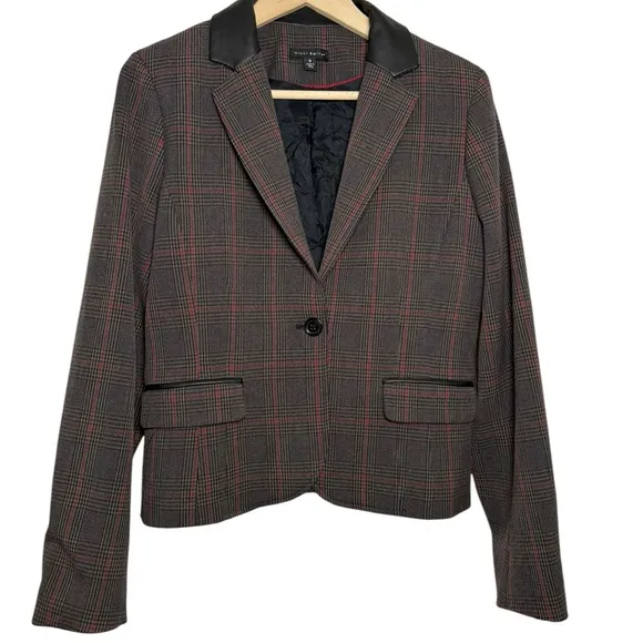 Willi Smith blazer wmns 8 Glen‎ plaid red gray faux leather collar single button - Image 2