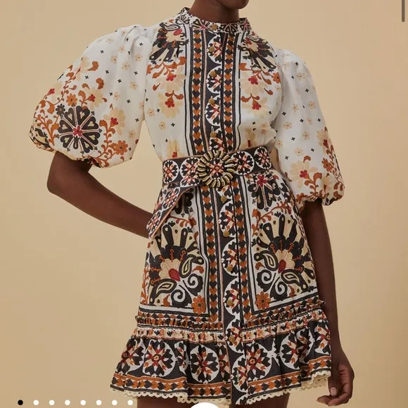 Farm Rio Flower Fan Tapestry Print Puff Sleeve Belted Mini Shirtdress - Image 2