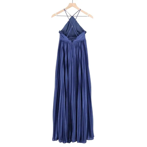 Lulus Elaborate Charm Maxi Dress Womens Navy Blue Satin Pleated Adjustable Strap - Image 6