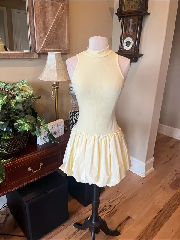 Sleeveless Pastel Yellow Bubble Hem Mini Dress Summer - Image 5