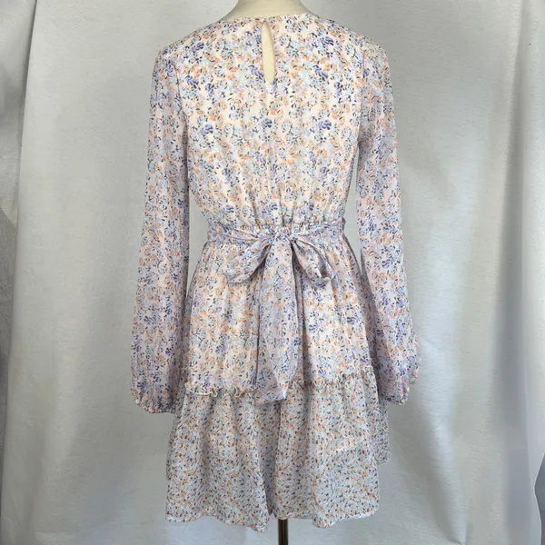 Floral Long Sleeve Mini Dress‎ Smocked Waist V-Neck Back Tie Medium Wedding Boho - Image 5
