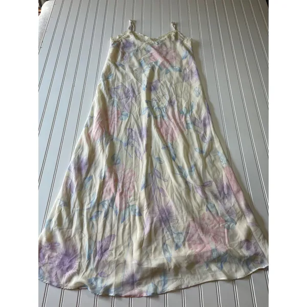Vintage Valerie Stevens Sheer Pastel Floral Maxi Slip Dress Lace Trim Medium Y2K - Image 2