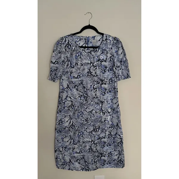 Chico's Blue Veil Snake Print Smocked Puff Sleeve Midi Dress W/ Pockets Size 0 - Image 3