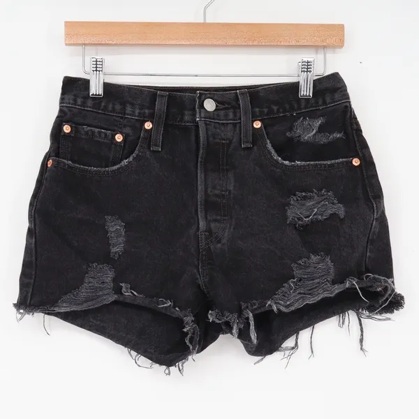 Levi's Denim Shorts Womens 28 501 Premium Black Distressed Cut Off Excellent - Image 2