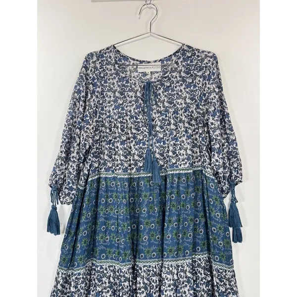 Daughters of India Maxi Dress Blue Floral Ditsy Tiered A Line Flowy Boho Medium - Image 7