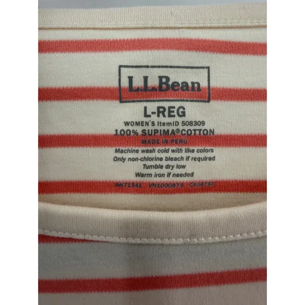 L.L. Bean Striped Tee Womens L Orange White Supima Cotton Long Sleeve Coastal - Image 3