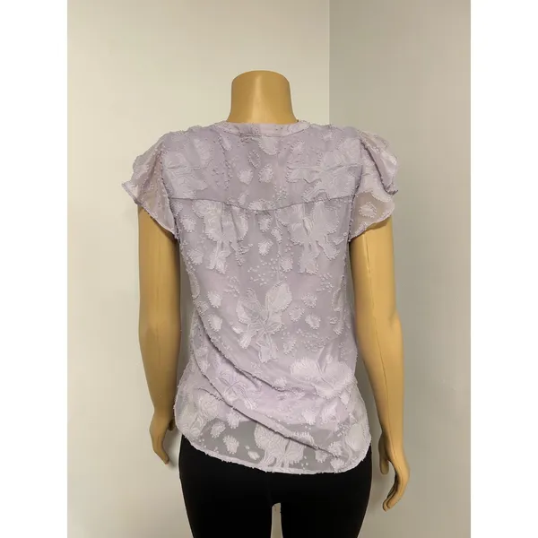Lavender Purple Pastel Floral Burnout‎ Clip Dot Flutter Sleeve Blouse Small - Image 3