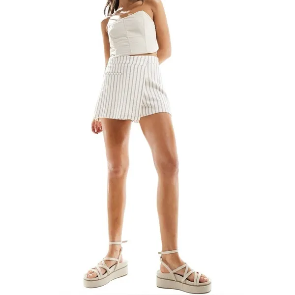 NWT Stradivarius Linen Look Wrap Detail Rustic Stripe Mini Skort Skirt‎ Large - Image 2