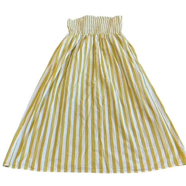 A New Day Yellow White Striped Maxi Dress Sundress Strapless Cotton Size Medium - Image 9
