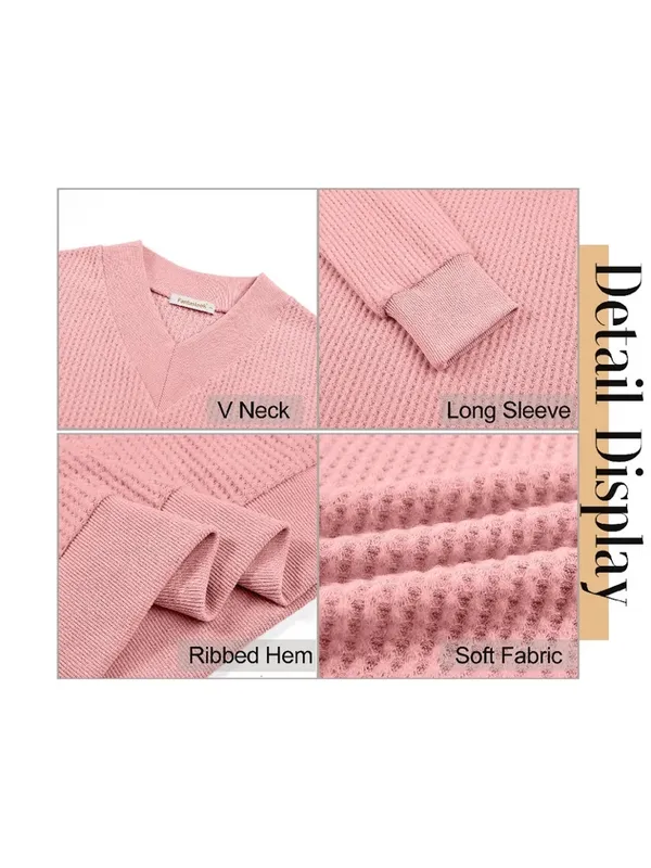 Boutique Waffle Knit Womens V-Neck Long Sleeve Pullover Casual Outfits Loose Top M - Image 6