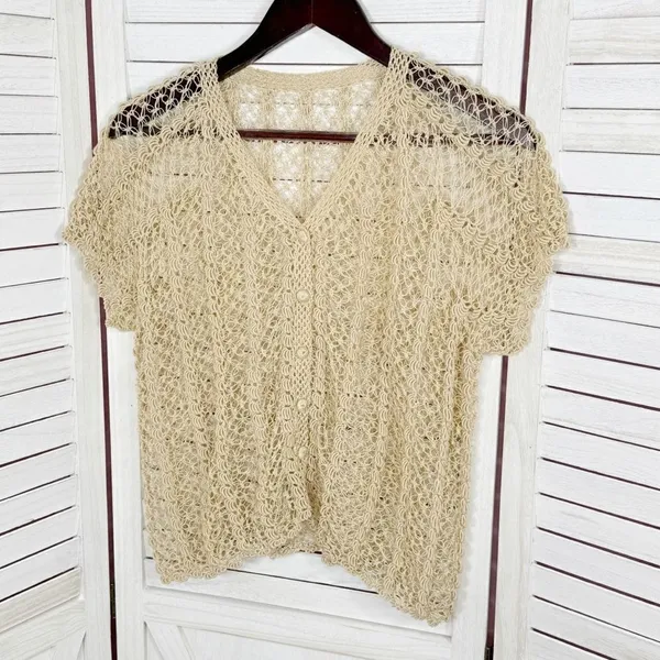 Vintage Boho Crochet Lace Sheer Topper Cardigan Button Up Tan Medium Cottagecore - Image 7