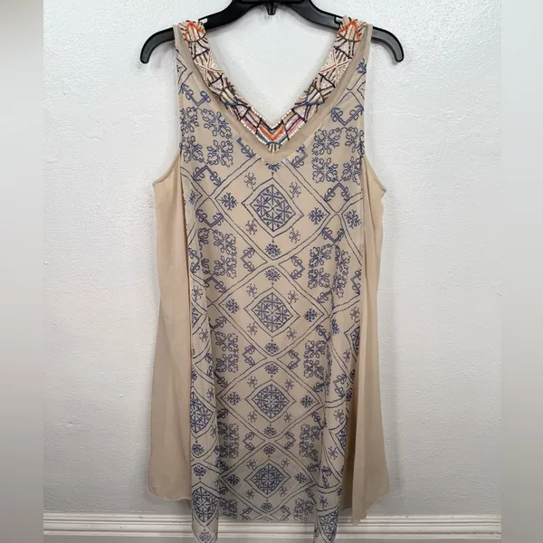 Free People Dress Womens M Beige Beaded Shift Short Sleeveless V-Neck Boho - Image 4