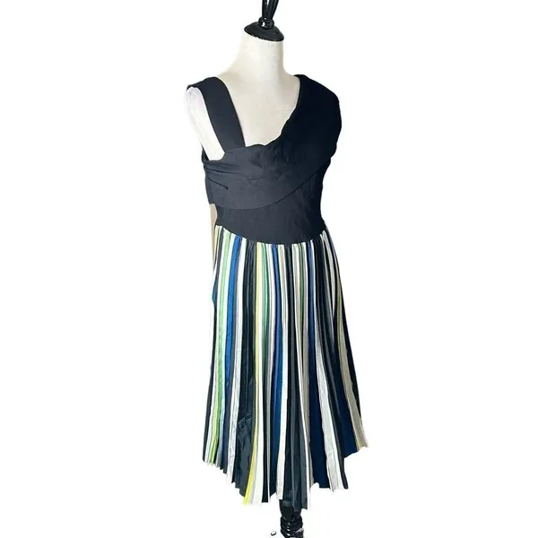 Sachin & Babi Knit Multi Pleat Midi Dress Womens L Black Green Cocktail Flare - Image 3
