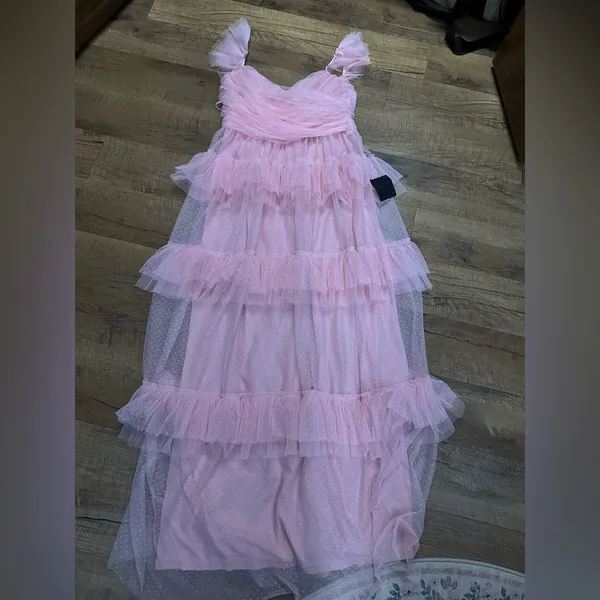 Lulus Pure Radiance Pink Mesh Swiss Dot Tiered Maxi Dress - Image 4