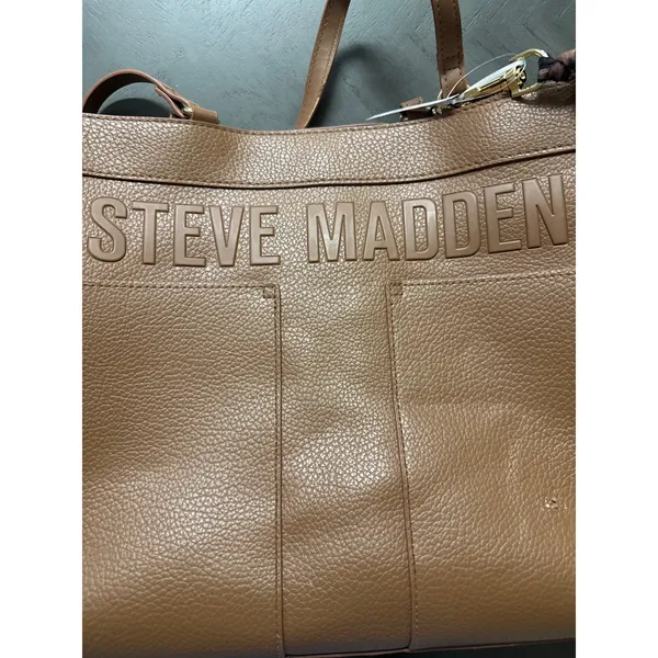 Steve Madden Cognac Brown‎ Pebbled Tote Bag Leopard Print Lining Embossed Logo - Image 10
