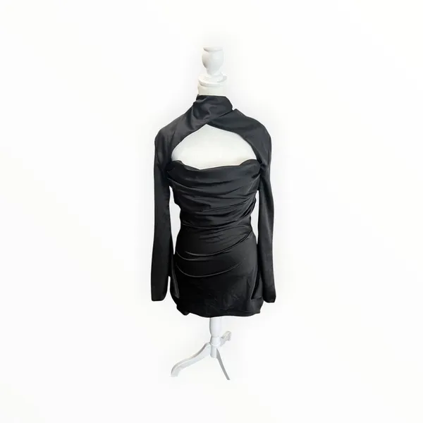 House of CB Toira Black Draped Corset Satin Cutout Mini Dress XS - Image 5