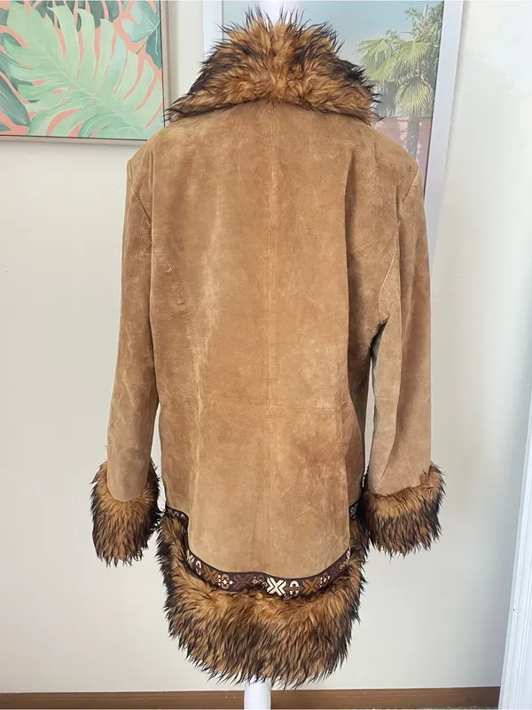 Gallery Vintage Y2K 100% Leather Fur Trim Embroidered Penny Lane Coat Jacket - Image 4