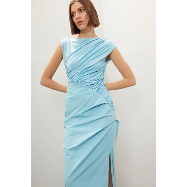 Paris Georgia Kaya Light Blue Ruched Sleeveless Maxi Dress Size S - Image 2