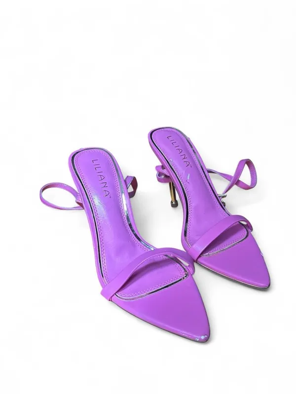 Liliana Pink Strappy Stiletto Heels Pointed Toe Gold Lock Y2K Glam Femme Fatale - Image 3