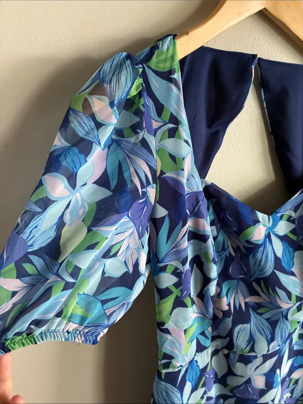 Trendyol Blue Floral Puff Sleeve Open Back Mini Dress EU 38 US 6 Small - Image 4