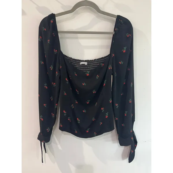 Reformation Pinto Black Long-Sleeve Rose Print Square-Neck Top Sz 10 - Image 2