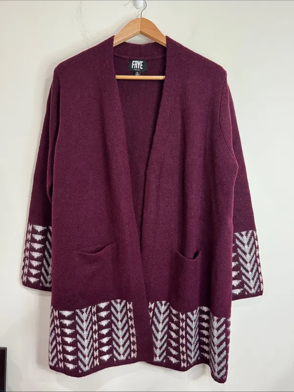 Frye Burgundy Open Front Long Sleeve Geometric Patterned plush Long Cardigan XL - Image 2