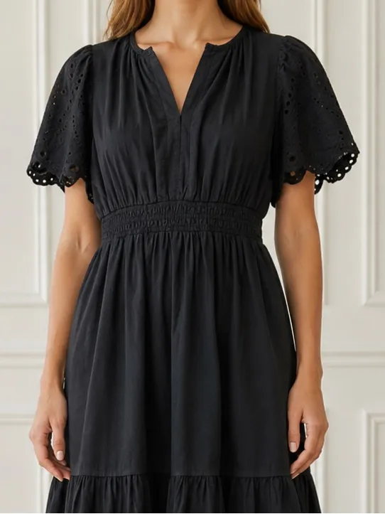 Baltic Born Annette Eyelet Tiered Midi Maxi Dress Black Sz L Puff Sleeve Cottage - Image 4