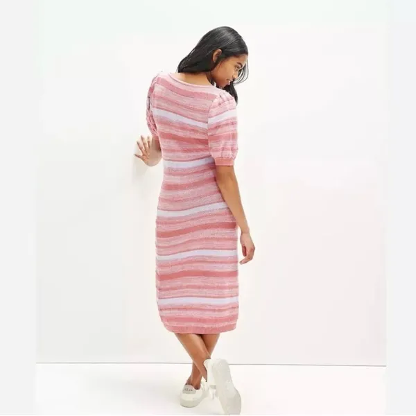 Amour Vert‎ Vivienne Striped Knit Sweater Dress Tan White Large Puff Sleeve Midi - Image 6