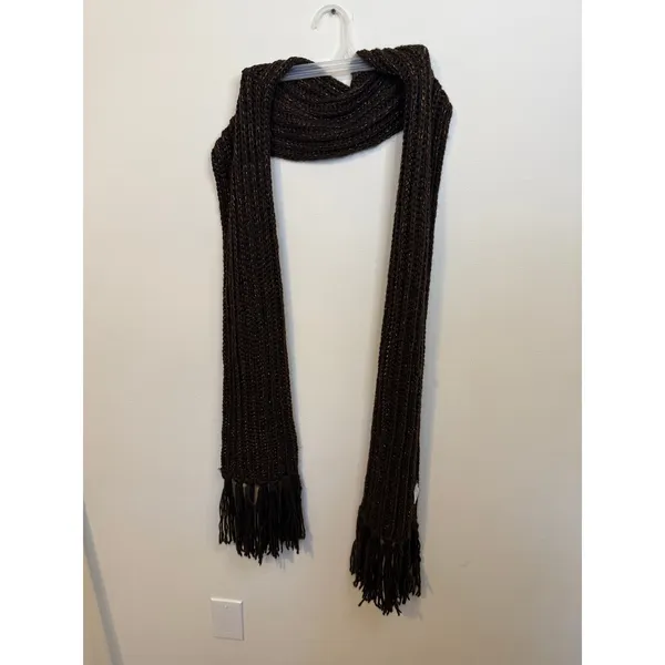 Unbranded Knit Scarf Women OS Brown Excellent Metallic Gold Thread Fringed Trim - Image 2