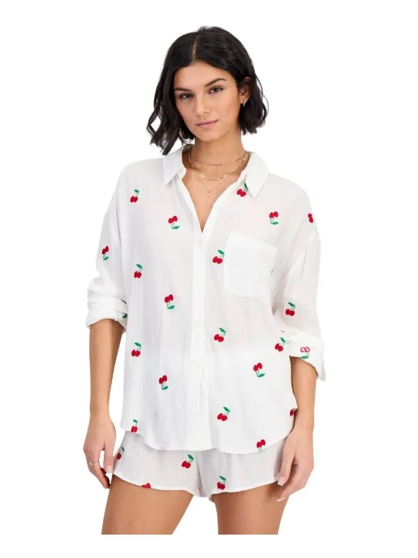 Miken Womens Cherry Embroidered Button-Down Swim Shirt I2992PUXH White Multi M - Image 6