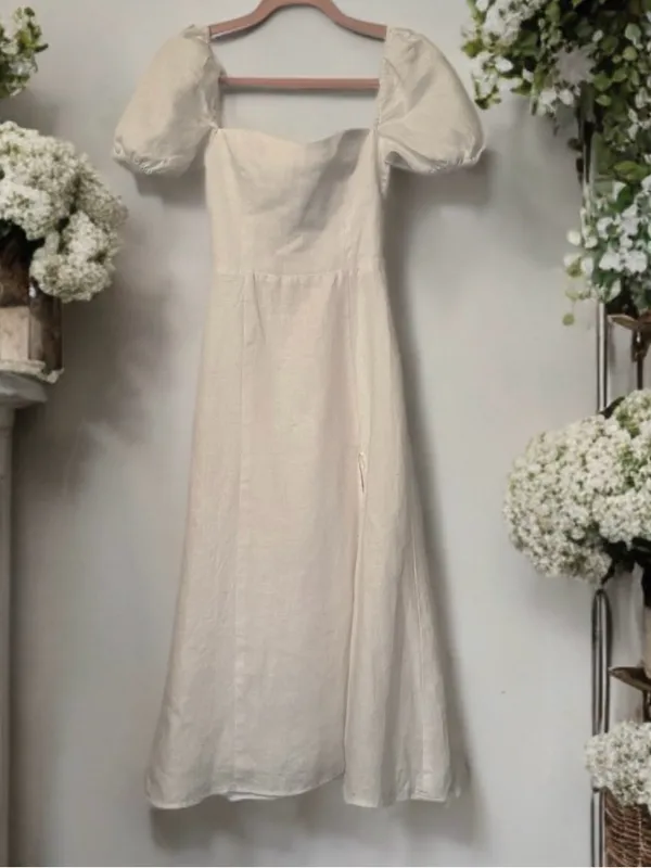 Reformation Denver White Linen Open Back Puff Sleeve Romantic Midi Dress Size 0 - Image 6