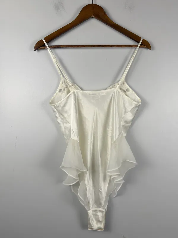 Vintage 97 Victoria's Secret Satin Lace Teddy Bodysuit S Ivory Ruffle Lingerie - Image 8