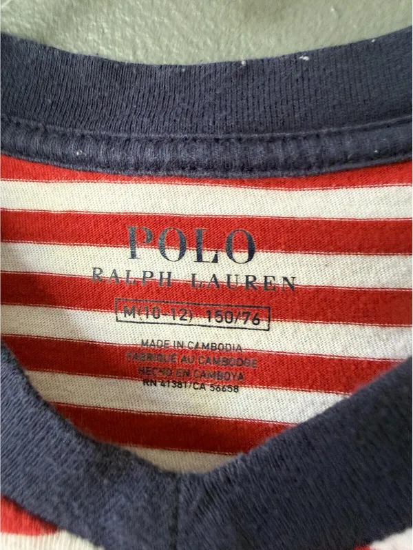 Polo Ralph Lauren Red & White Striped V-Neck T-Shirt, Navy Trim, Size M - Image 3