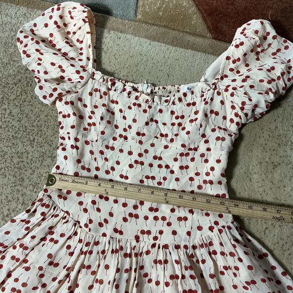 Reformation Coquette Cherry Print Smocked Mini Dress Red‎ Short Sleeve Size 10 - Image 4