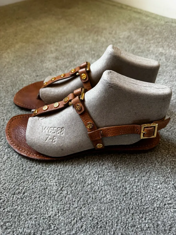 Tan Tory Burch Sandals with Gold Logos - Image 3
