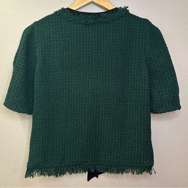 Tweed Puff Sleeve Bow Tie Front V-Neck Blouse Top - Image 5
