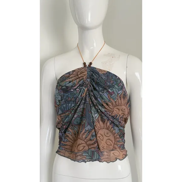 Romwe Whimsigoth Mesh Halter Top Beaded Sun Moon Print Boho Hippie Grunge Y2K Fest XL - Image 3