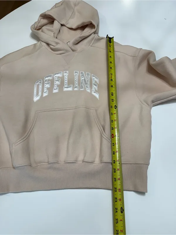 aerie Neutral Beige 'OFFLINE' Hooded Pullover Sweatshirt Size Small - Image 4
