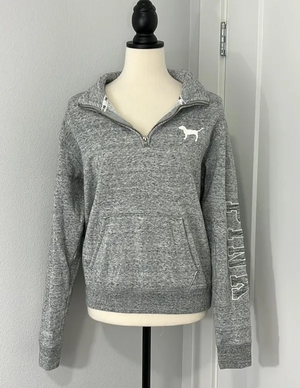 Victoria's Secret Pink Small Gray Quarter Zip Funnel Neck Sweatshirt w/Pocket - Image 11